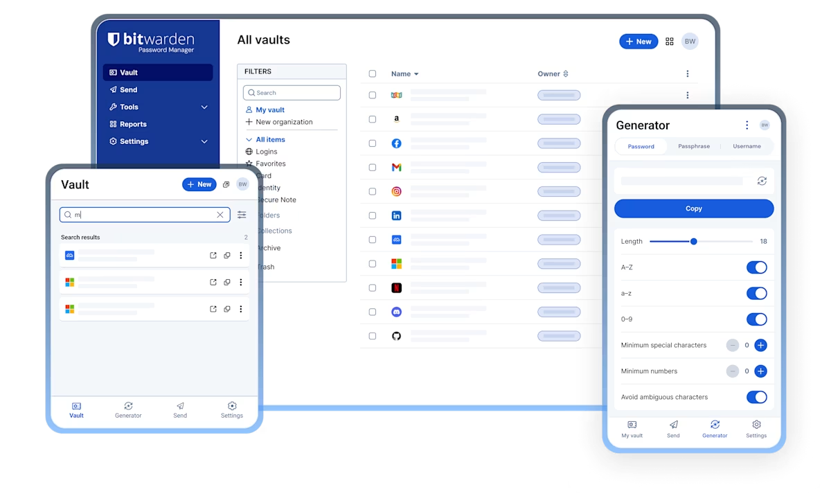 A marketing screenshot of Bitwarden's various apps