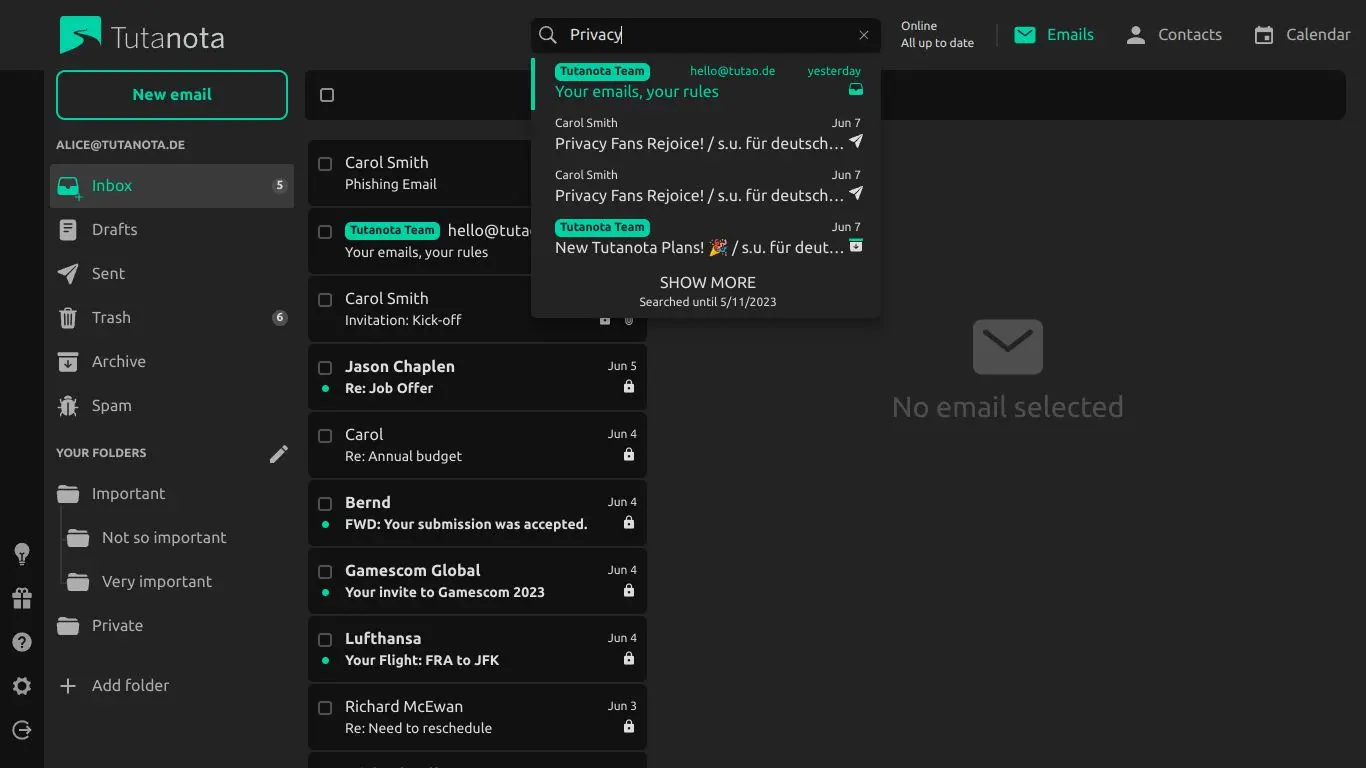 Screenshot of Tuta's desktop website