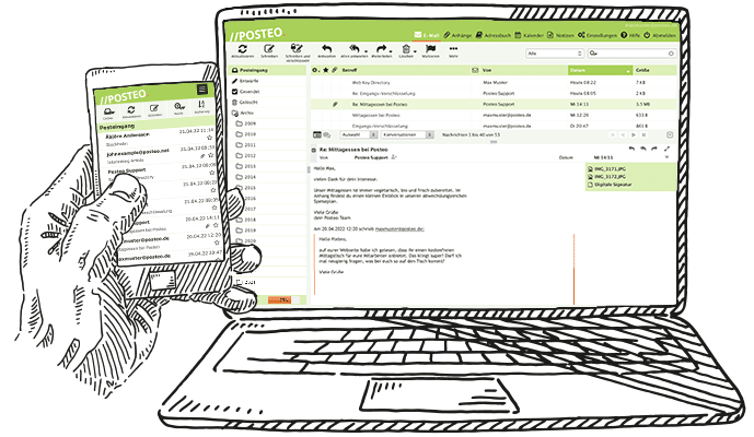 A stylized image of the Posteo UI on both desktop and mobile.